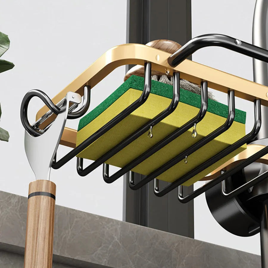 Kitchen faucet rack drain basket in silver, no drilling space aluminium storage