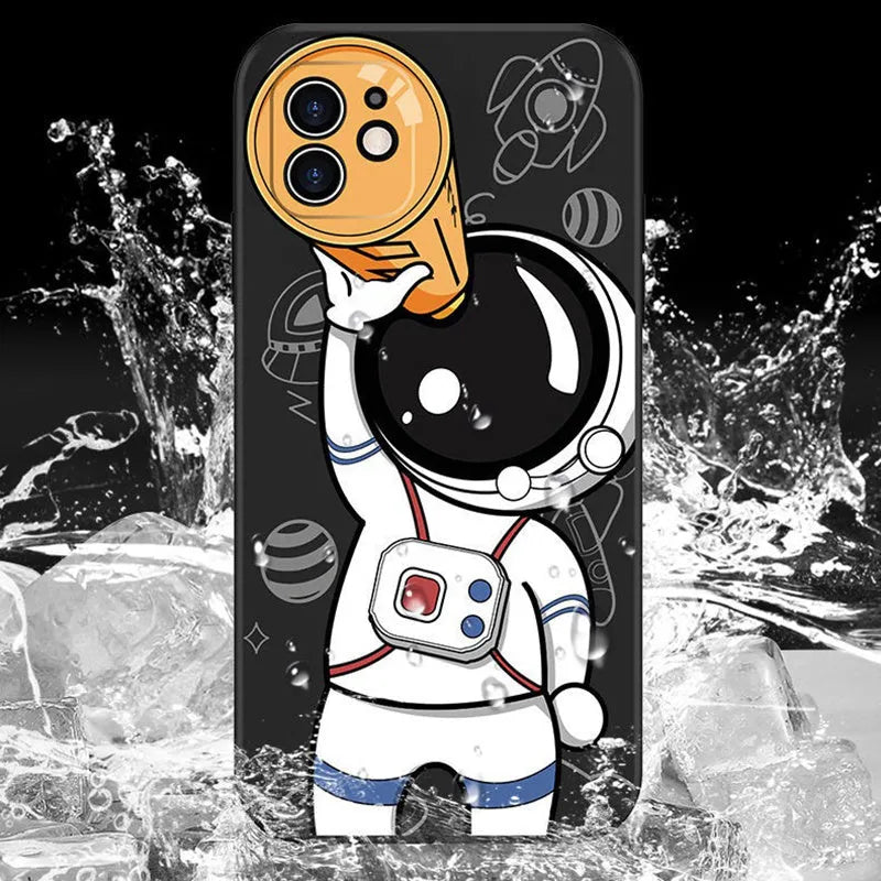 Cartoon astronaut and planet design silicone phone case for iPhone in black, khaki or sea blue.