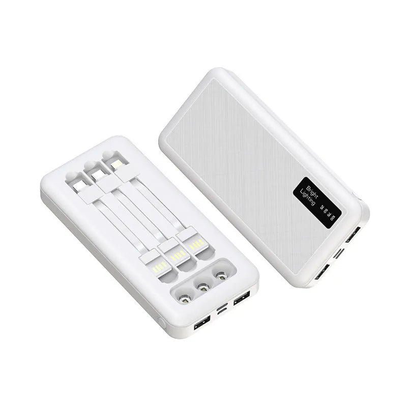 Power bank with detachable cable and light display, black PVC shell, 10000mAh capacity