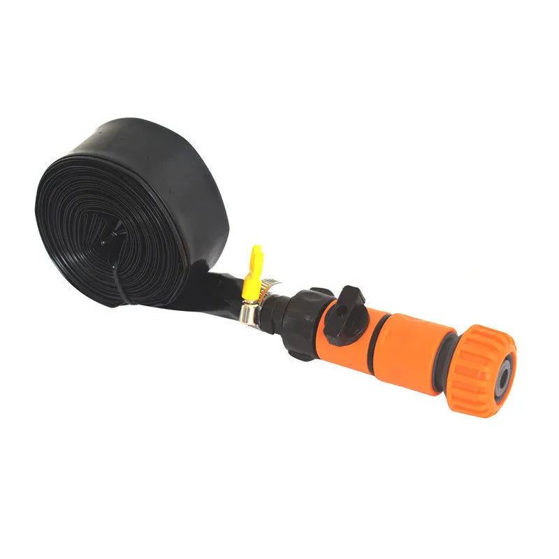 Blue portable solar garden sprinkler with hose connection and PVC switch on grass.