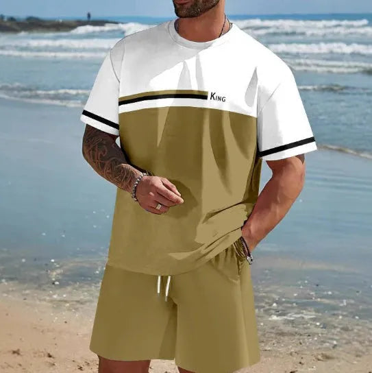 Men's loose-fit short-sleeved t-shirt and shorts suit in polyester for summer leisure wear