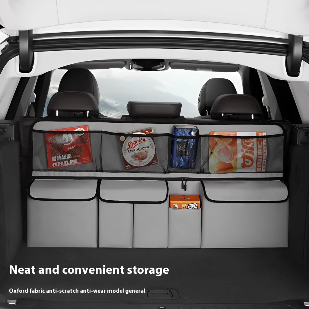 Multifunctional mesh pocket car storage box in black Oxford cloth with hanging straps