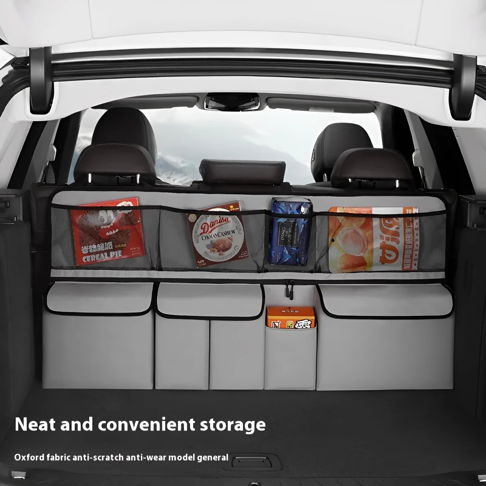 Multifunctional mesh pocket car storage box in black Oxford cloth with hanging straps