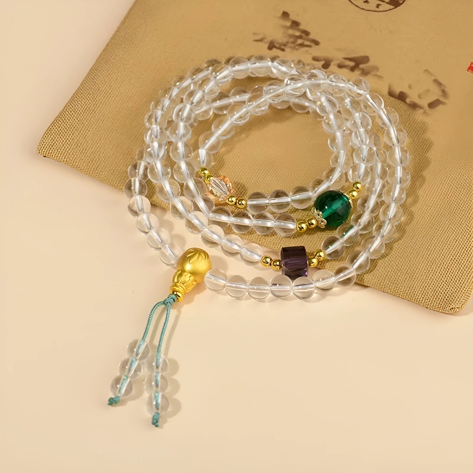 White crystal 108 bead rosary bracelet with geometric mala beads in ethnic unisex style