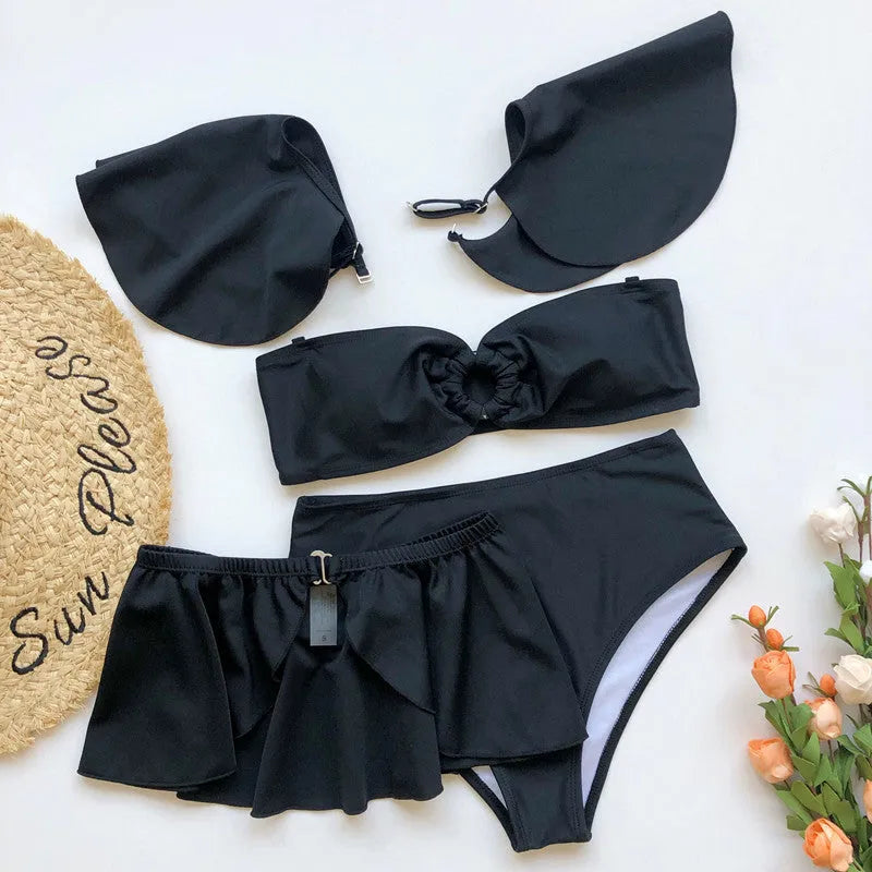 Women's red flounced bikini swimsuit three-piece set on white background
