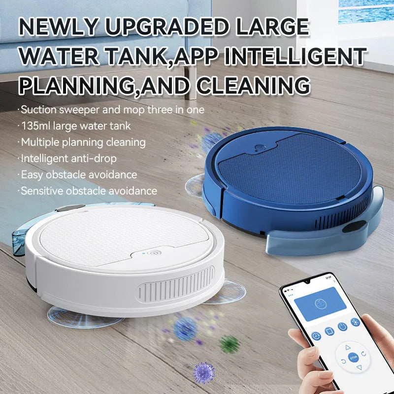 Intelligent sweeping robot with large water tank and 2000 Pa suction in black on hardwood floor