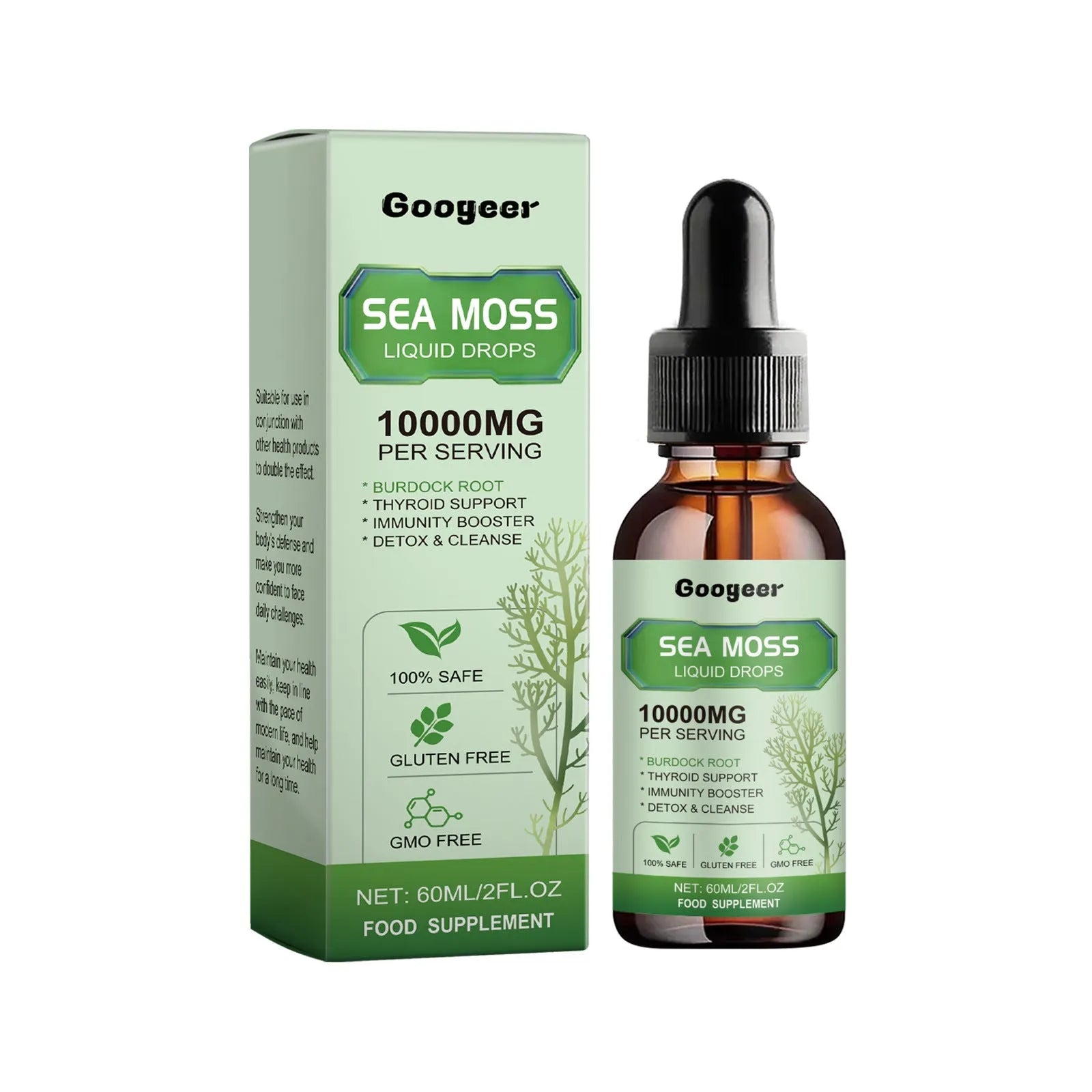 Sea Moss Liquid Drops 60ml body treatment serum in 3.3x3.3x12cm bottle