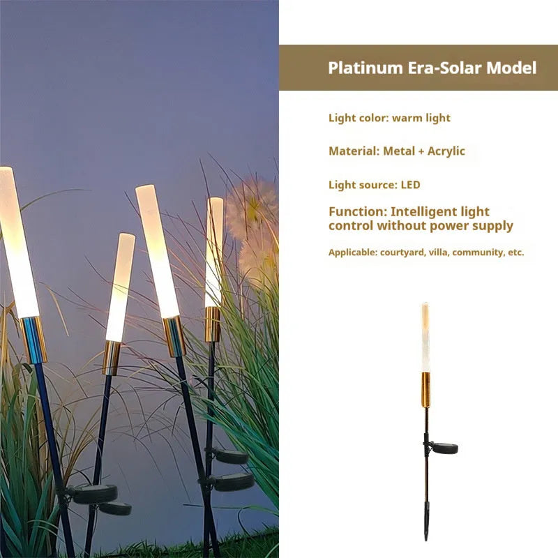 Solar outdoor LED lawn lamp with acrylic shade, available in multiple heights, installed in a garden.