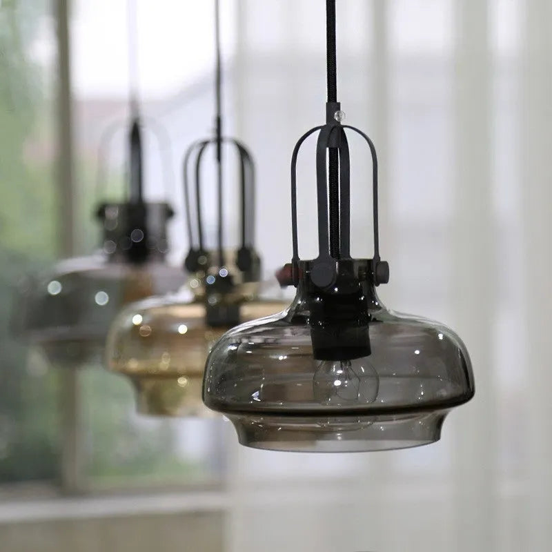 Retro industrial glass chandelier with warm light, available in three sizes and four glass colours for restaurant use