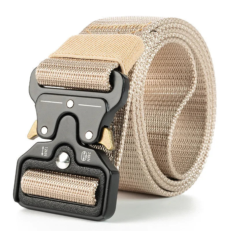 Men's canvas tactical belt with quick-release alloy buckle shown in Army Green colour, laid flat to show its 120cm length.