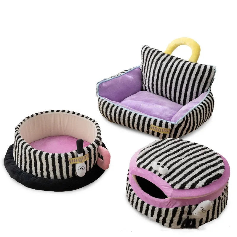 Striped pet kennel three-piece set showing sofa nest, big mouth nest and teacup nest with super soft fabric