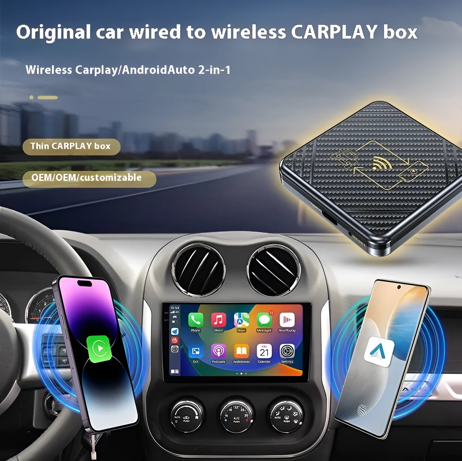 Wireless CarPlay and Android Auto smart box in gold or white ABS plastic housing with USB connector