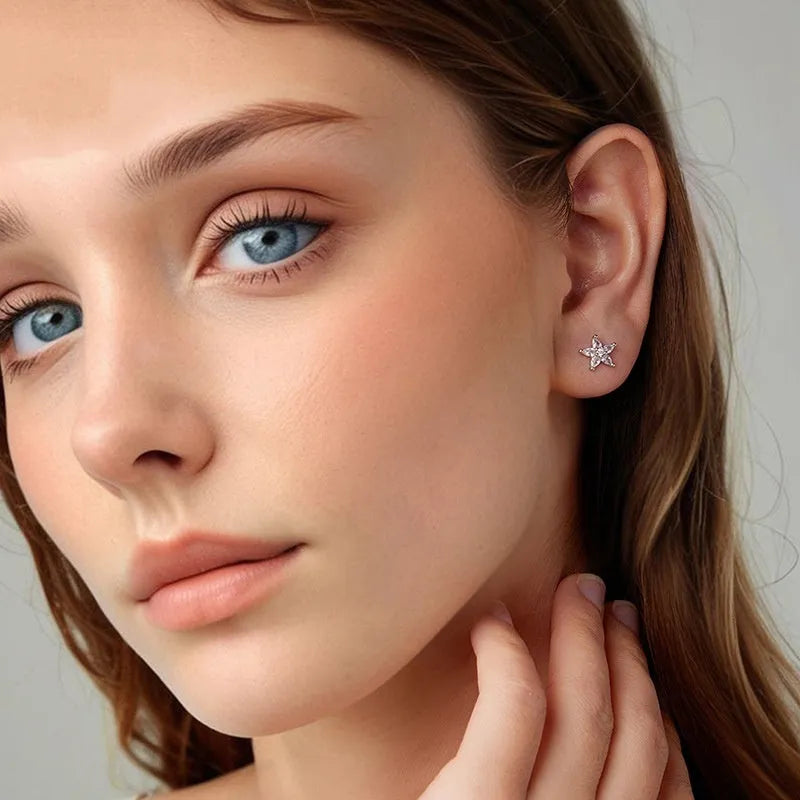 Small silver flower ear studs with shining zircon detail, Christmas style, one pair, colour BSE1239