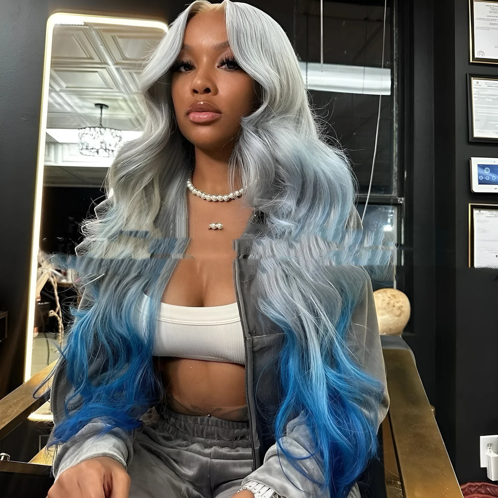Gradient blue and grey human hair lace front wig in Ruili style on a mannequin head