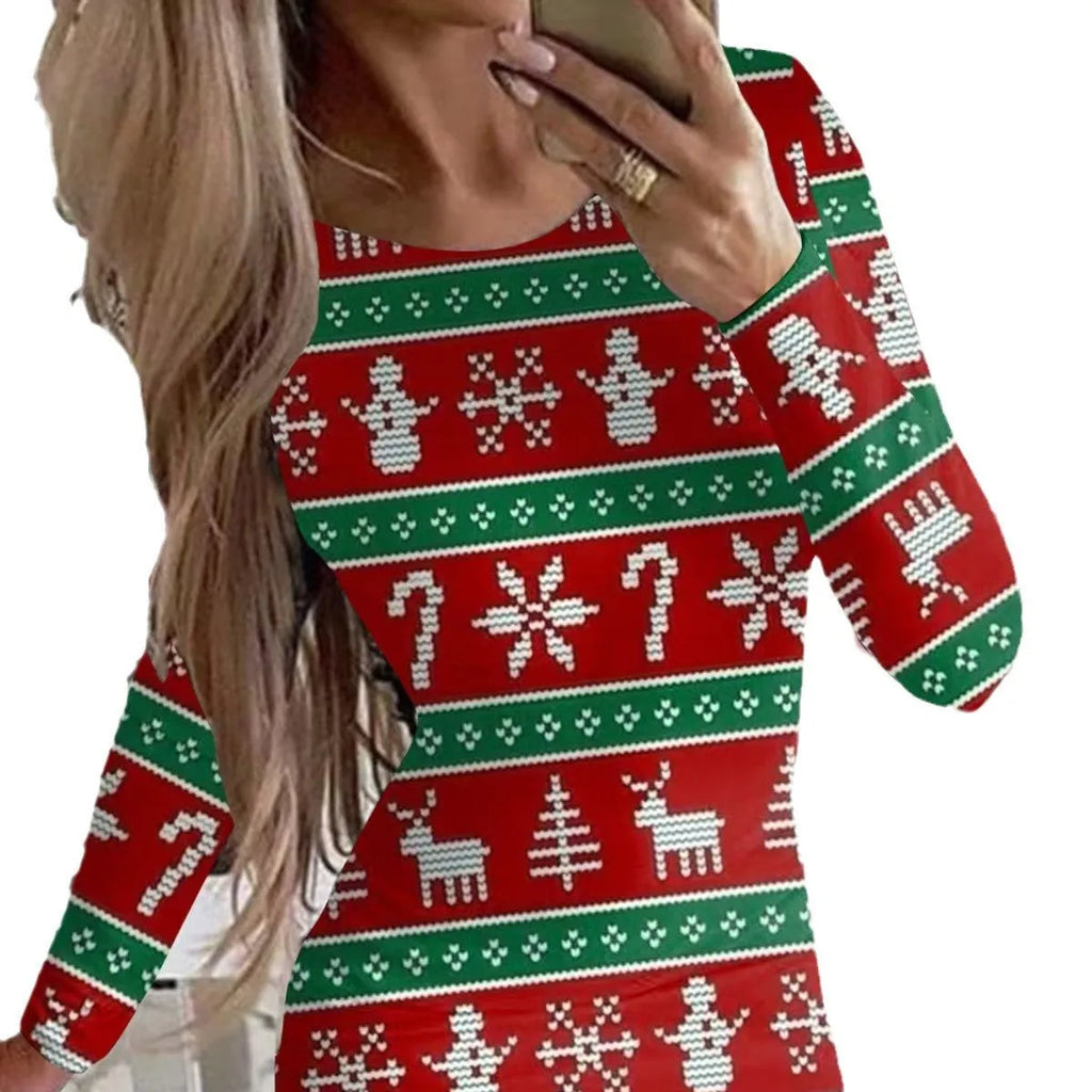 Red Christmas printed dress with floral pattern, round neck, long sleeves, tight fit and short hip skirt.