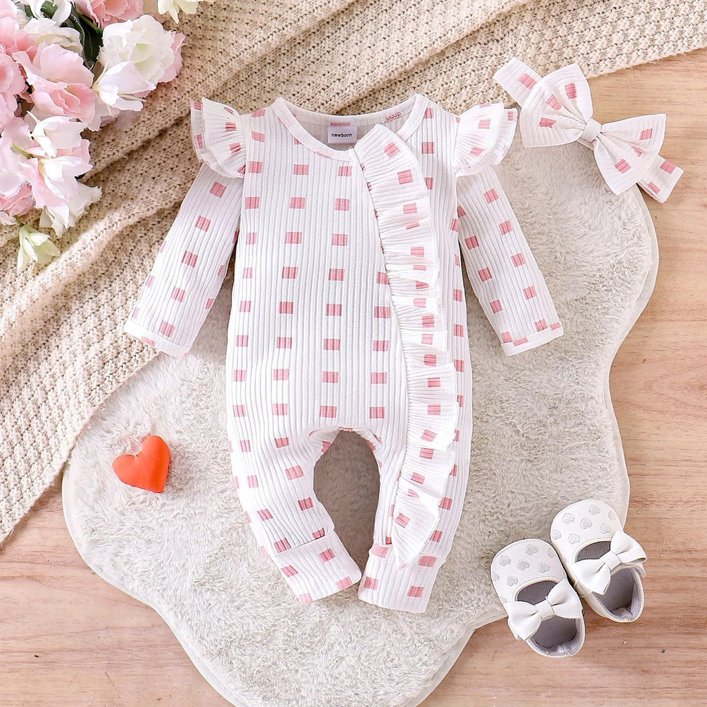 Baby girl plaid long-sleeved cotton romper in white, newborn to 9 months