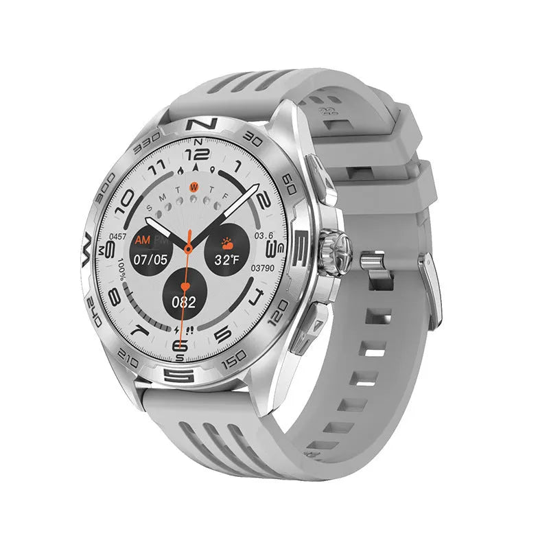 Black steel smartwatch on wrist showing heart rate and blood oxygen data on its IPS screen.
