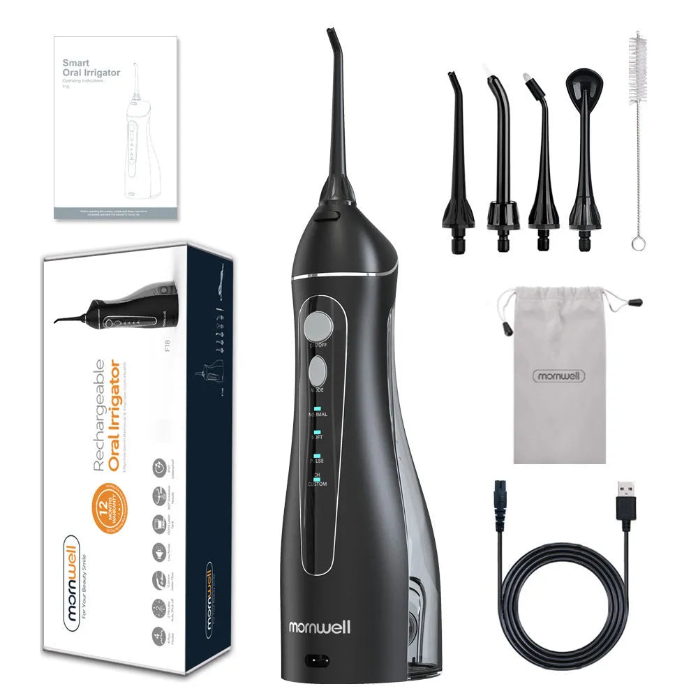 Black prooral portable oral irrigator with water reservoir and smart water toothpick technology