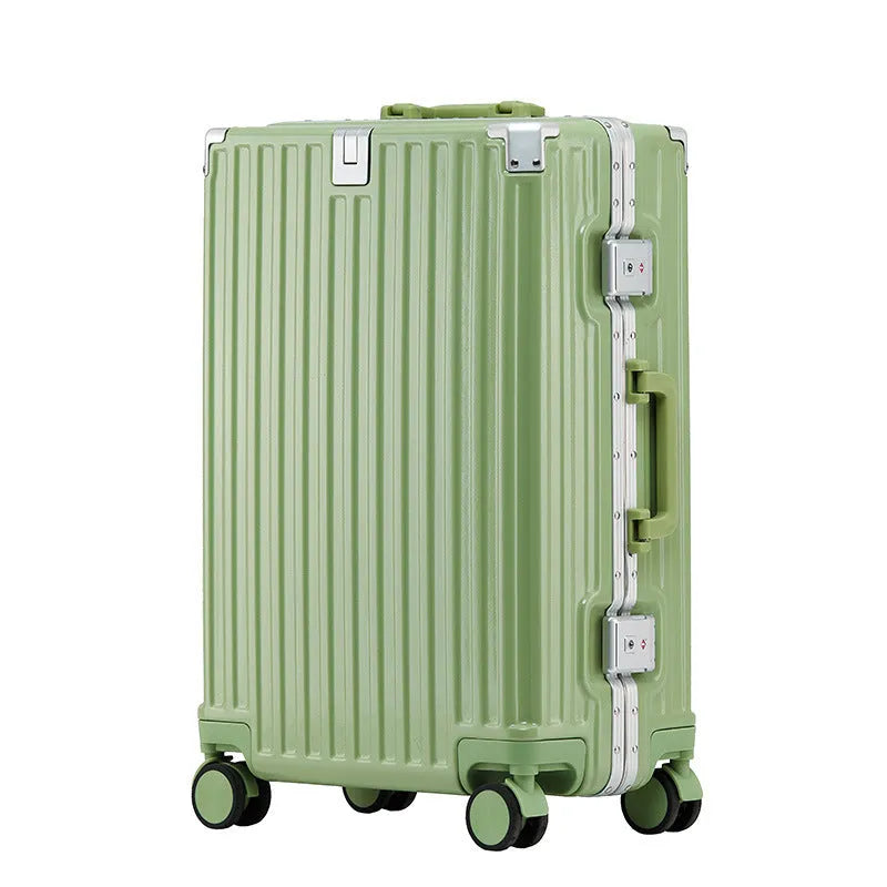 Aluminium frame trolley suitcase in avocado green with multi-functional pockets and USB port.