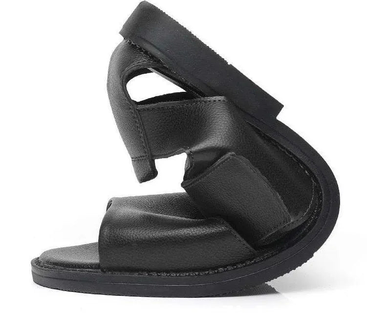 Men's black and brown leather casual sandals with open toe and rubber sole
