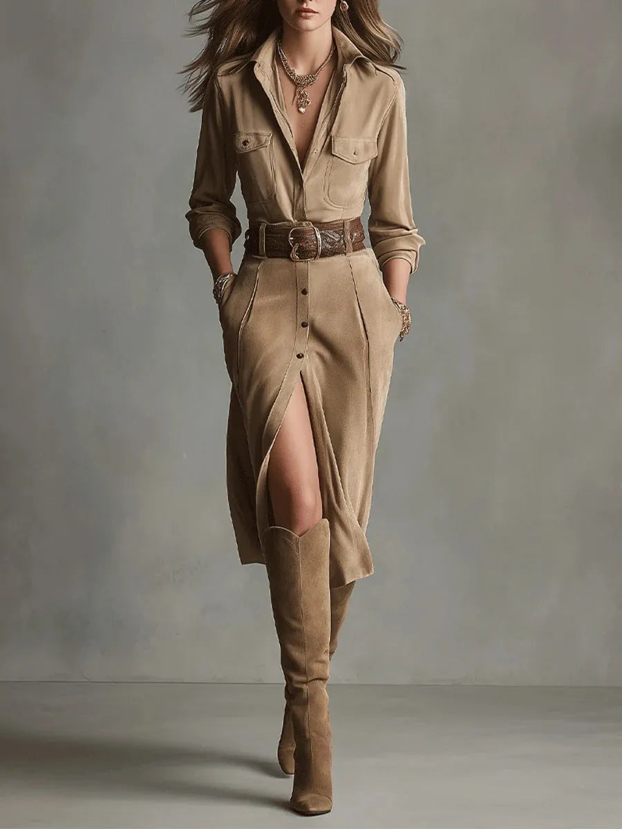 Women's French waist asymmetric khaki polyester dress with high waist, front view