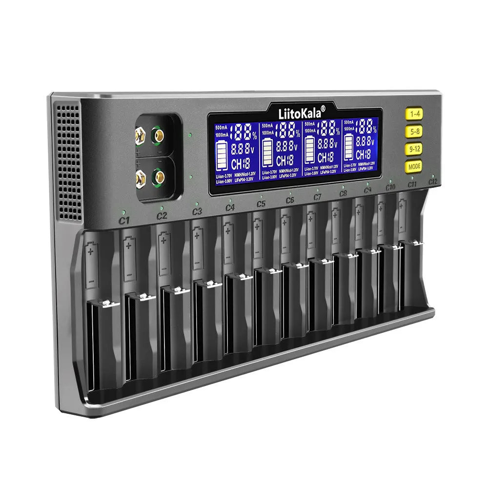 LiitoKala Lii-S12 12-slot LCD battery charger with black housing, size 28.7x14.3x3.5cm, for 18650 26650 AA AAA 9V batteries
