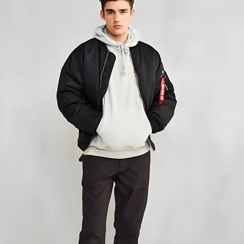Men's American workwear-style cotton-padded nylon jacket in Army Green colour, loose fit.