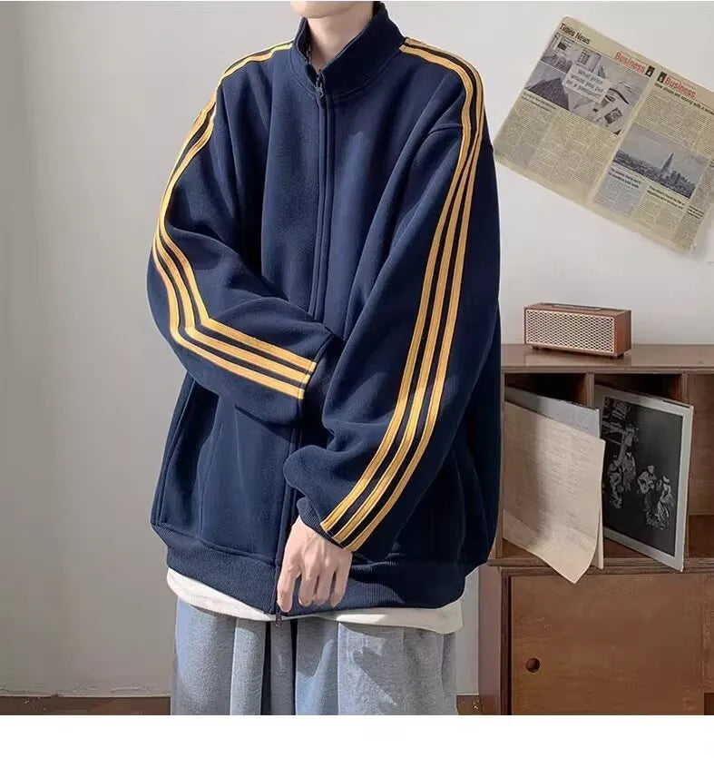 Men's loose fit casual sports jacket in navy blue, polyester, long sleeves, spring autumn