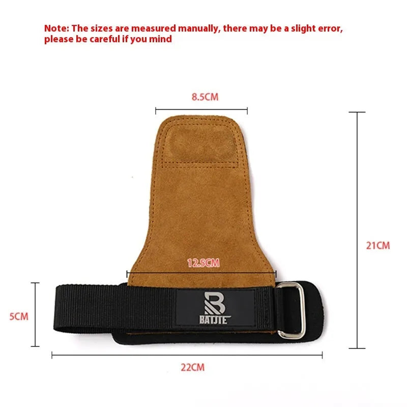A pair of brown leather wrist protectors for fitness, shown as grip strength bands.