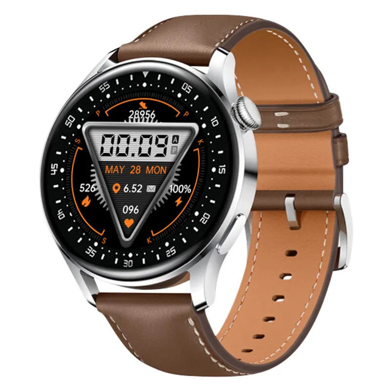 Smart watch ring with 1.32-inch screen showing health metrics on black leather strap