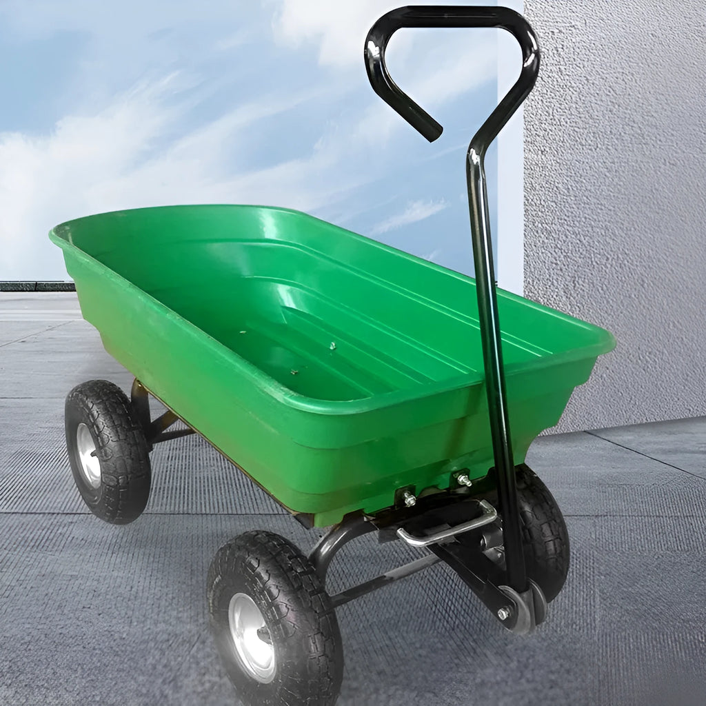Green four-wheel steel and plastic dump truck with large load bed.