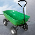 Green four-wheel steel and plastic dump truck with large load bed.