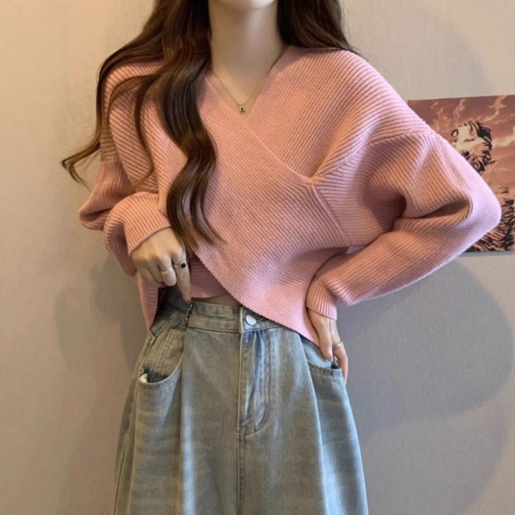Loose long-sleeve sweater design blouse in white, red, pink, black, or grey, sizes S to L