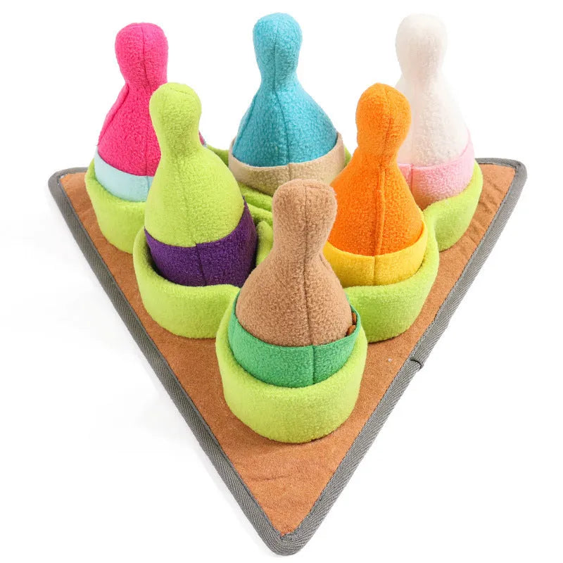 Pet Puzzle Play bowling toy set with sound, made from polar fleece, measuring 34.5 x 34.5 x 18 cm