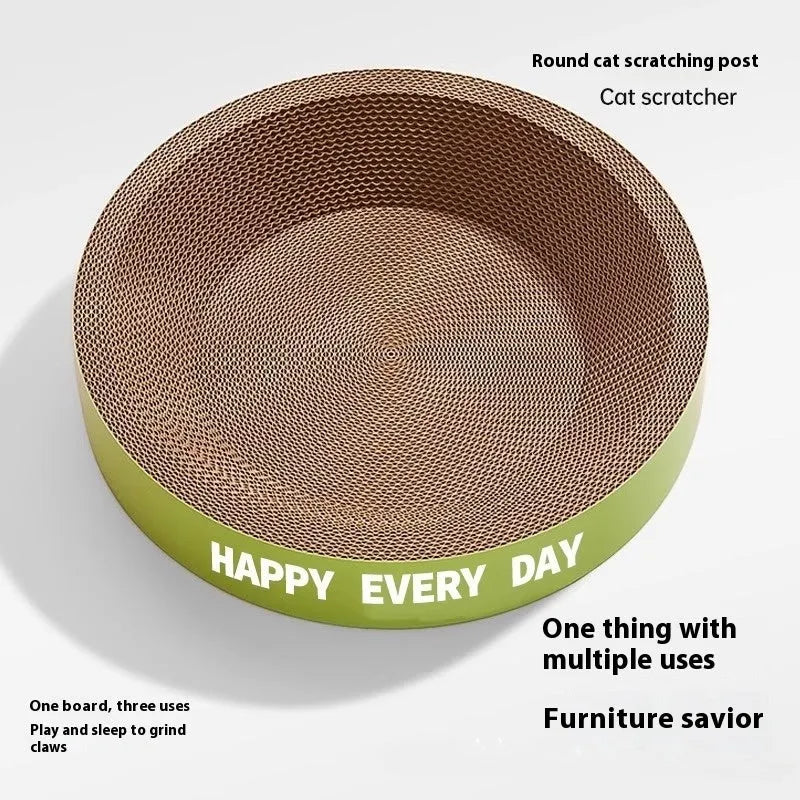 Green round cat nest basket with integrated scratching surface, 50cm wide.