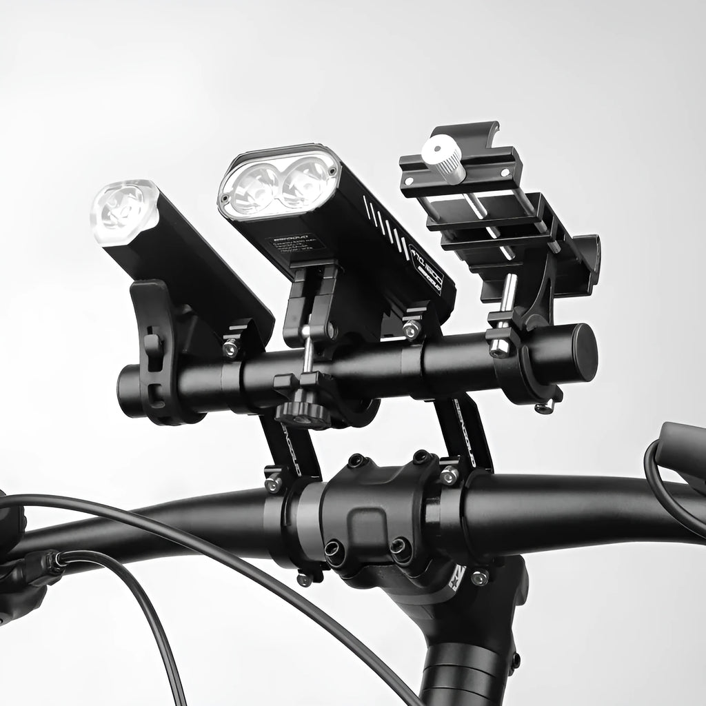 Bicycle aluminium alloy extension bracket for handlebars in black finish on a mountain bike