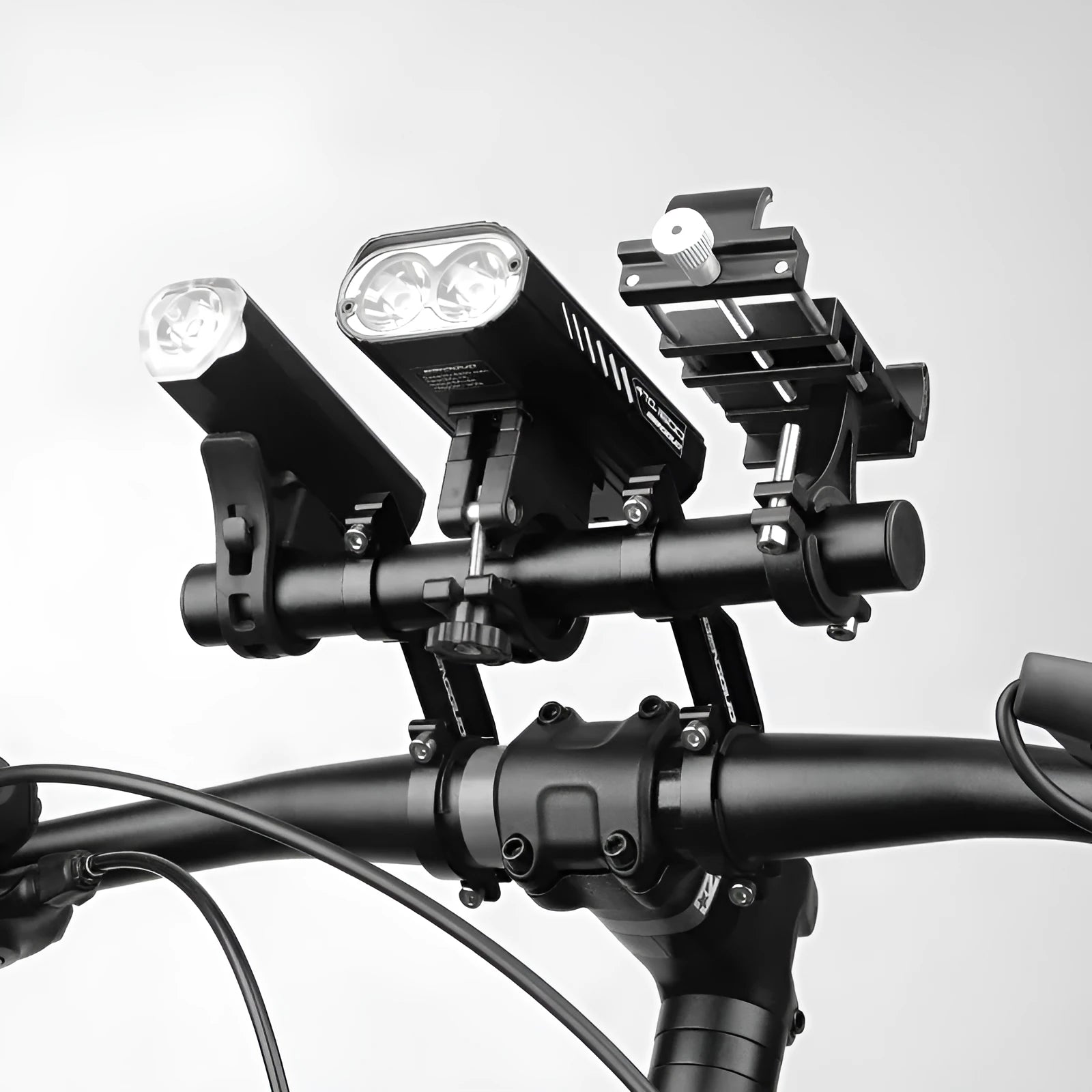 Bicycle aluminium alloy extension bracket for handlebars in black finish on a mountain bike