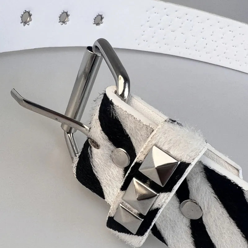 Women's punk style hip hop belt with metal decorative rivets and pyramid pattern on PU leather