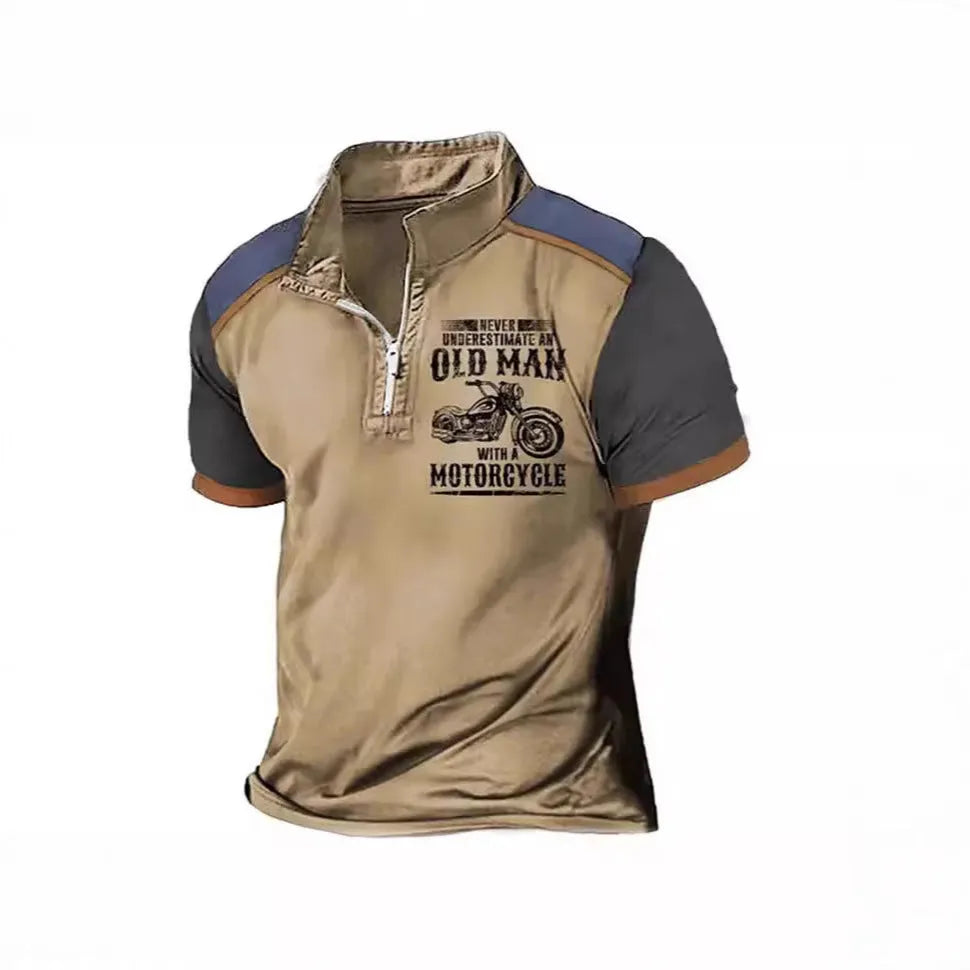 Men's casual lapel collar polo shirt with a digital letter print and short sleeves.
