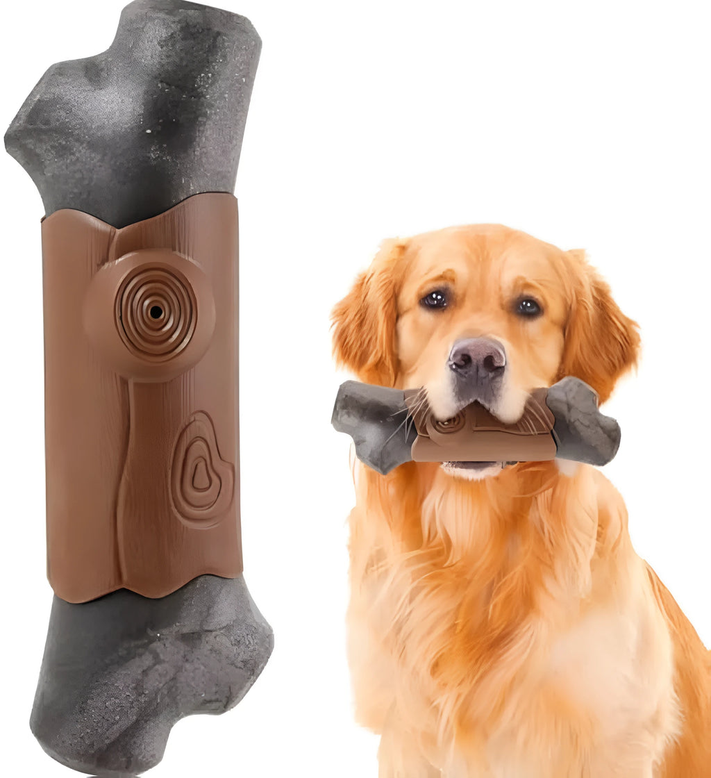 Large branch-shaped nylon dog chew toy for aggressive chewers with bacon flavour.
