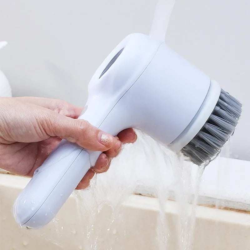 USB rechargeable electric cleaning brush in light grey or purple with waterproof charging for kitchen dishwashing
