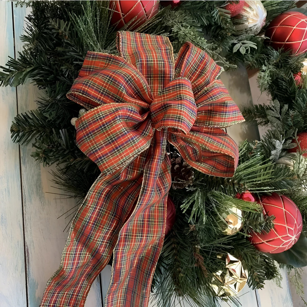 Red woolen plaid polyester velvet burlap bow for Christmas wreath decor