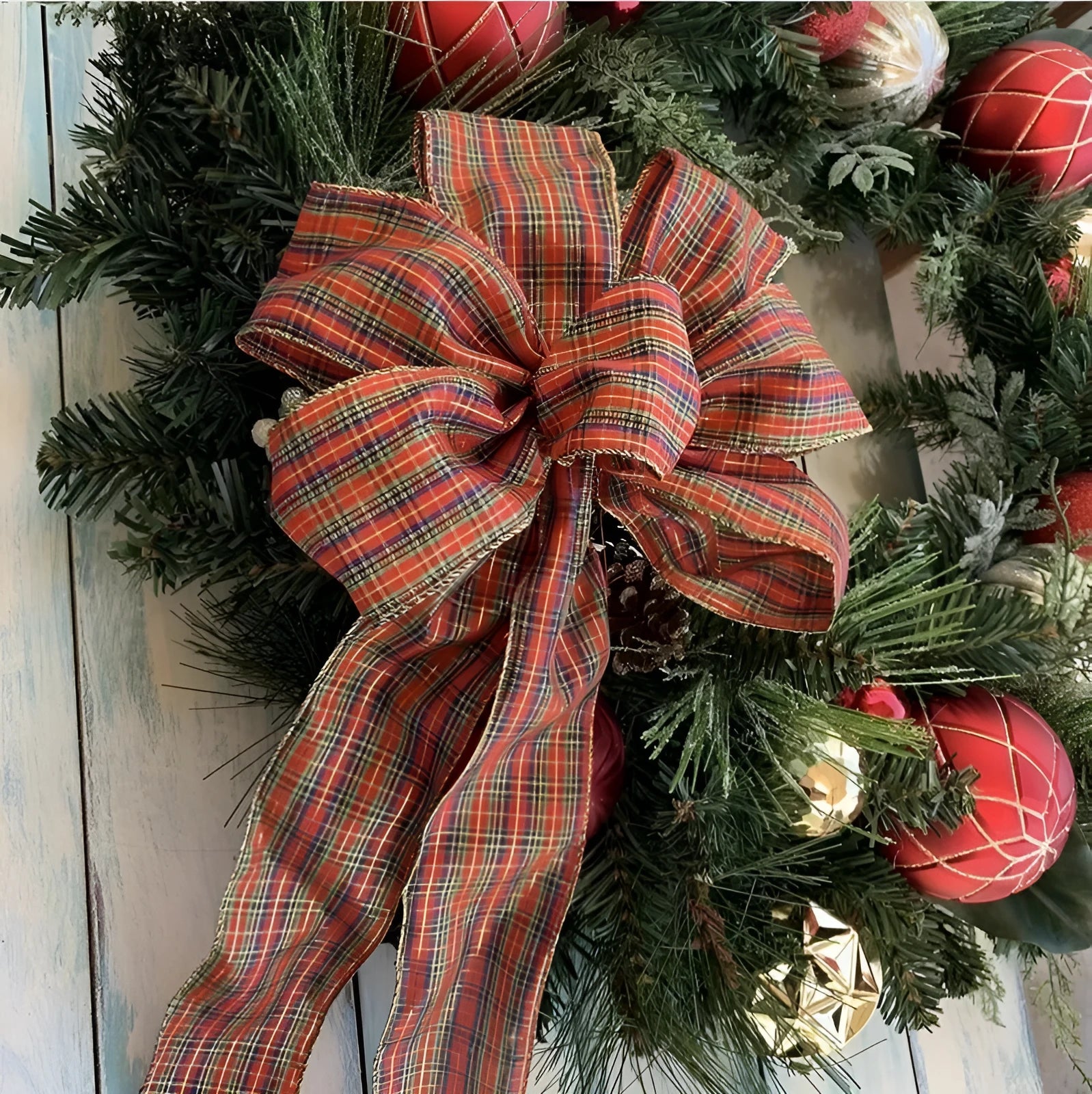 Red woolen plaid polyester velvet burlap bow for Christmas wreath decor