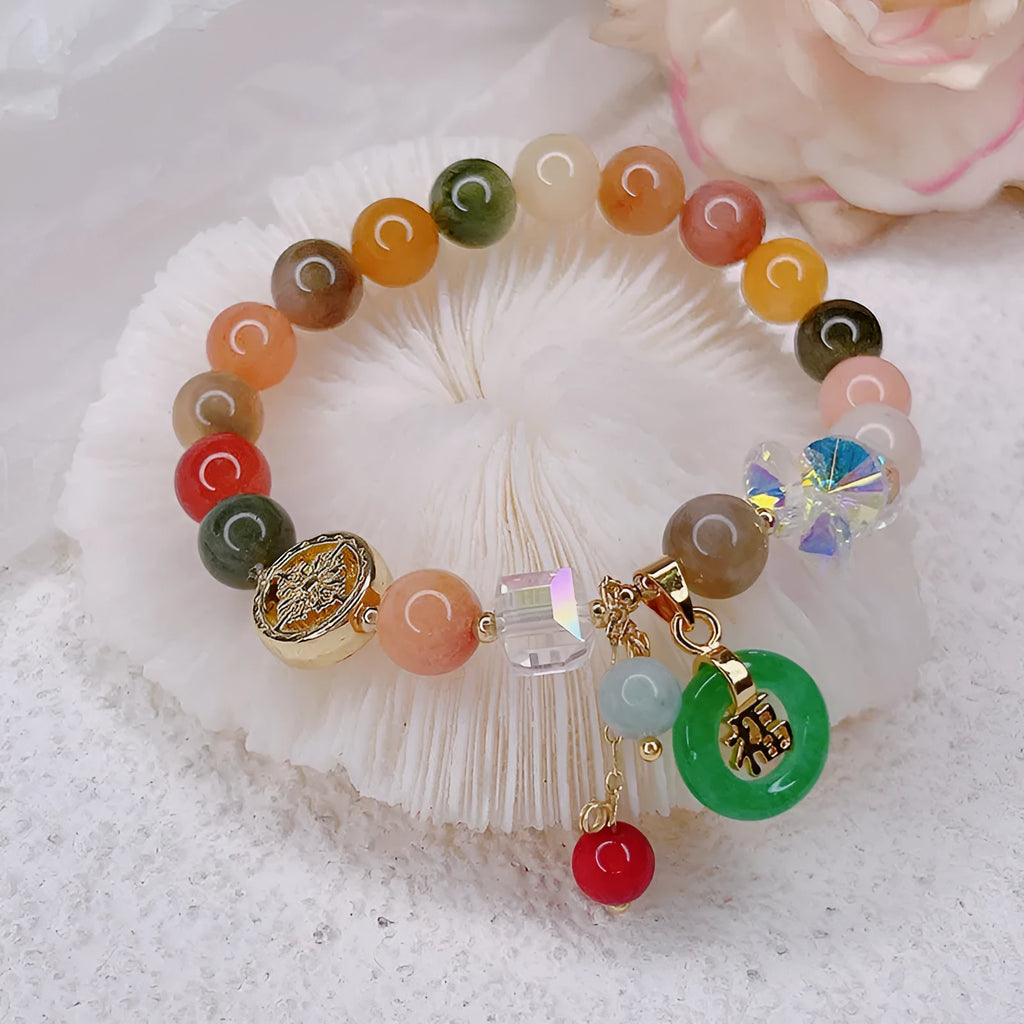 Retro Jinsi Jade bracelet with blessing card and fu character on display