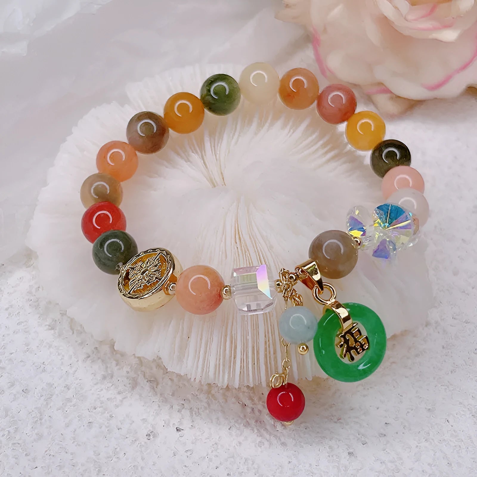 Retro Jinsi Jade bracelet with blessing card and fu character on display