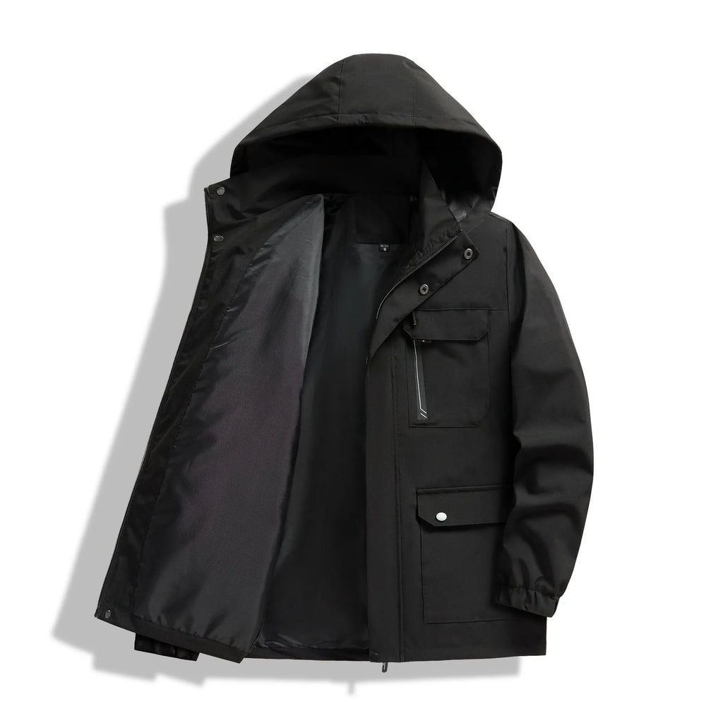 Men's hooded outdoor jacket in black, dark blue or apricot with zip pockets and loose fit