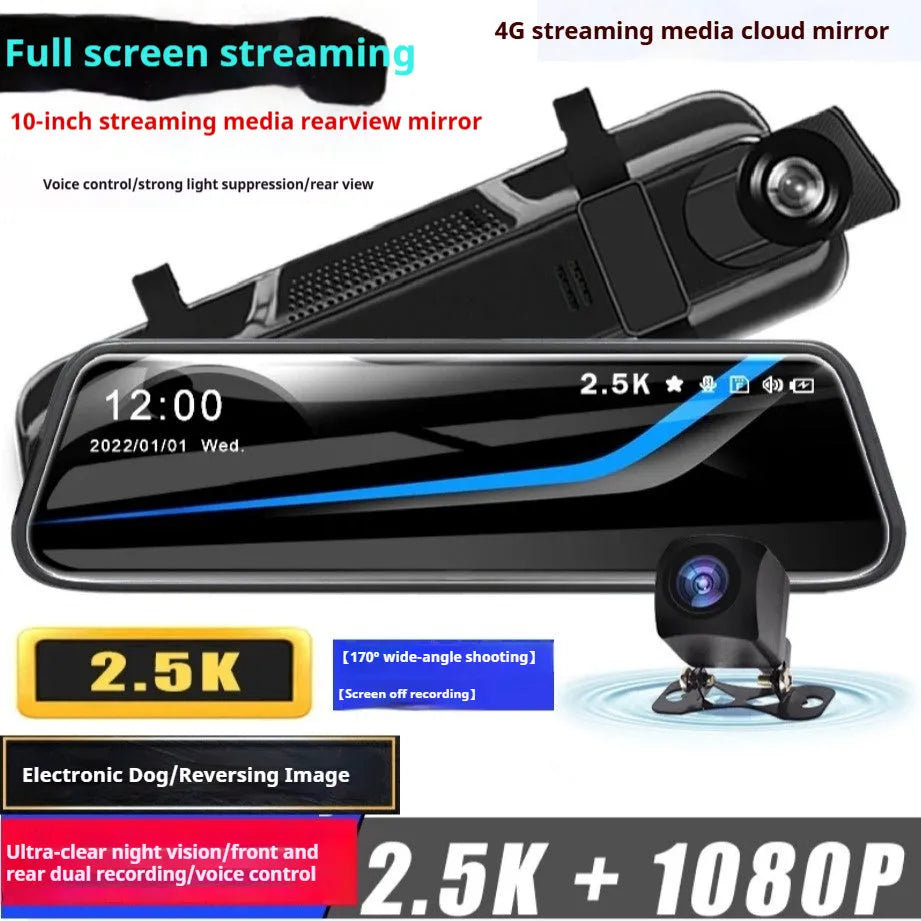 HD 1080p dual lens rearview mirror recorder with 9.66 inch touch screen mounted in car showing front video