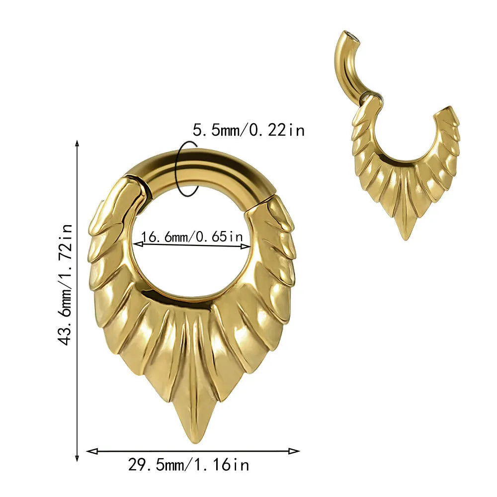 Drop-shaped stainless steel ear extender with etched totem design for cartilage piercing stretching