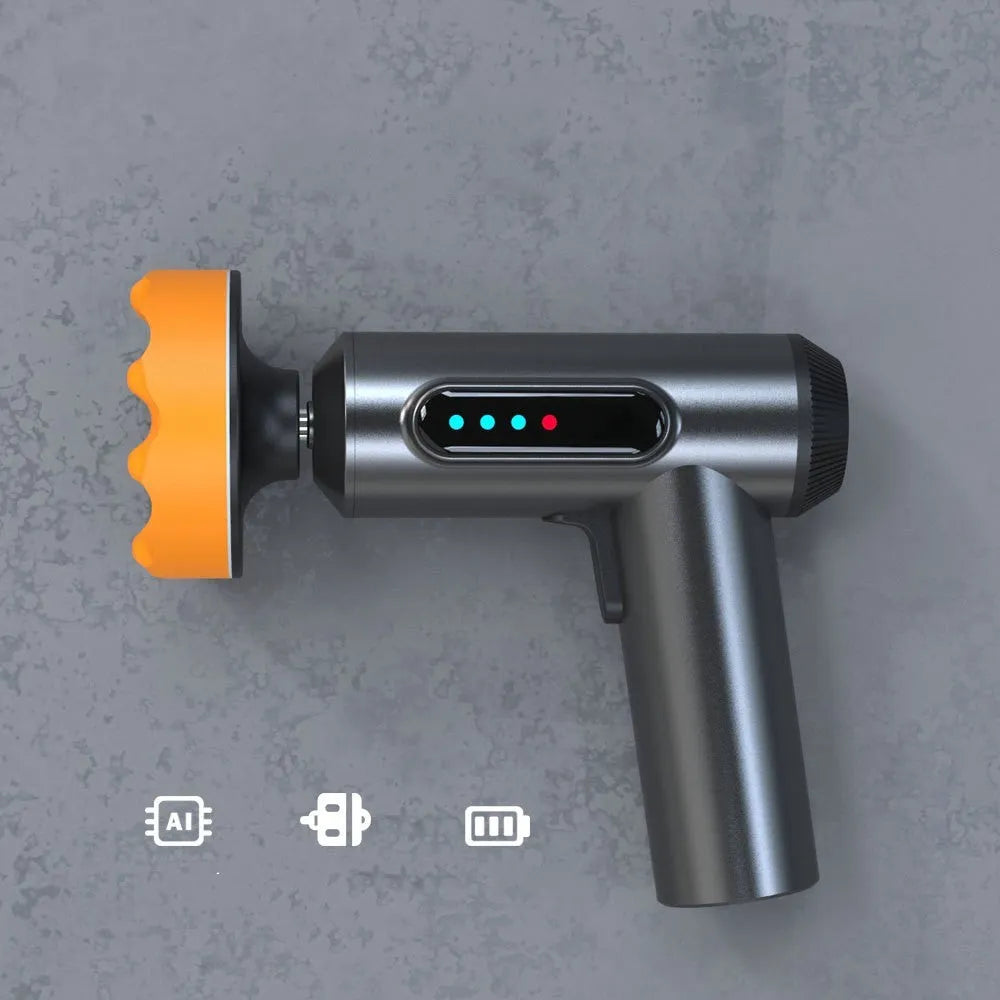 Cordless electric waxing and polishing machine with white ABS plastic body and a grey polishing disc.