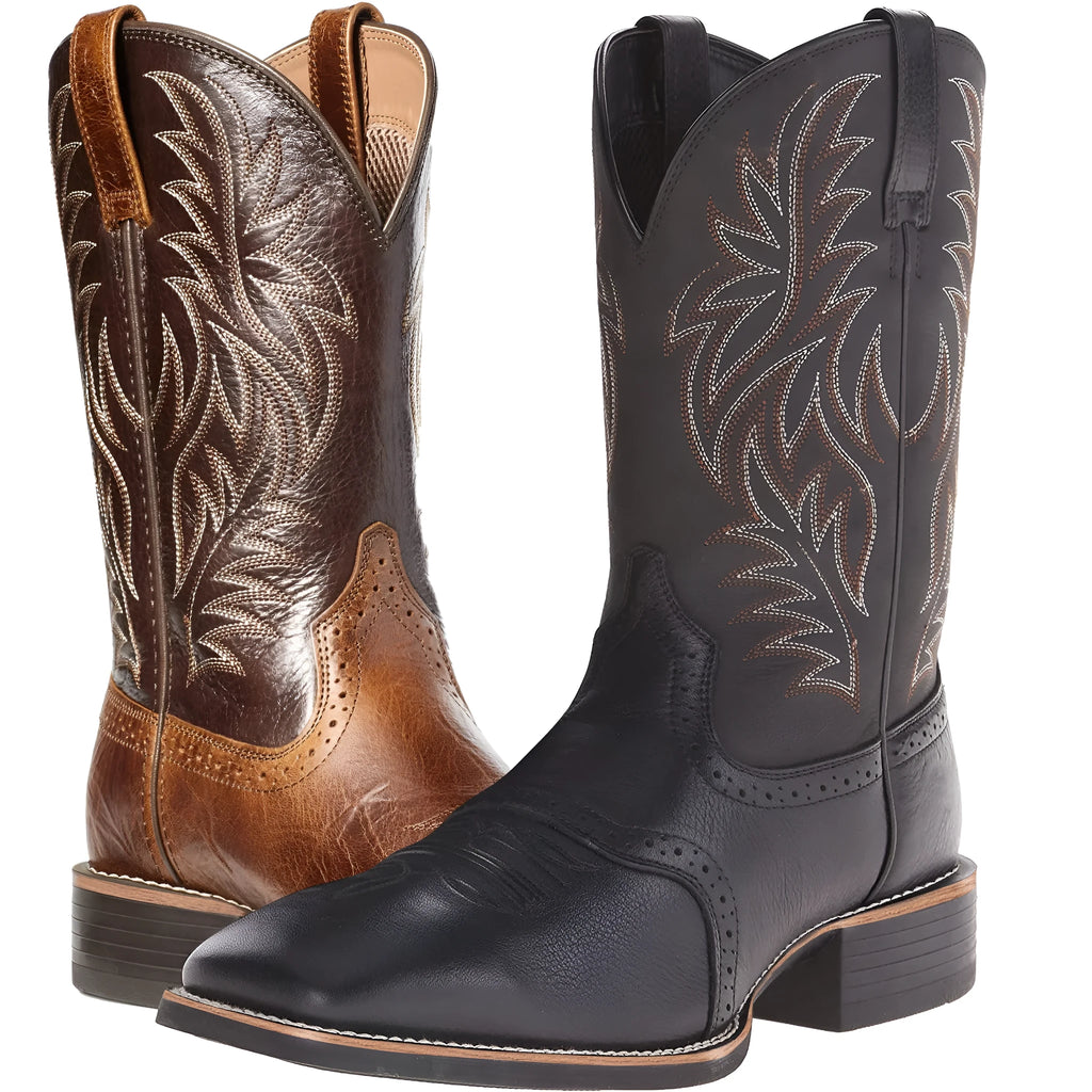 Men's black embroidered vintage Western cowboy boots with a wide square toe and low horseshoe heel.